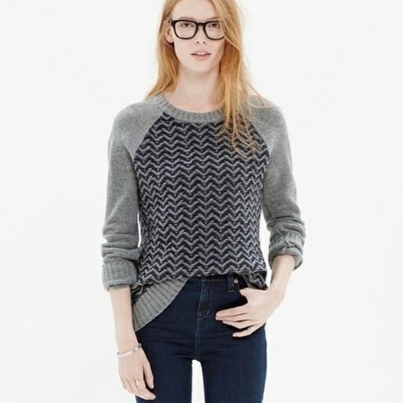Madewell Merino Wool Reverse Herringbone Knit Crewneck Sweater Gray Navy XS - Picture 12 of 12